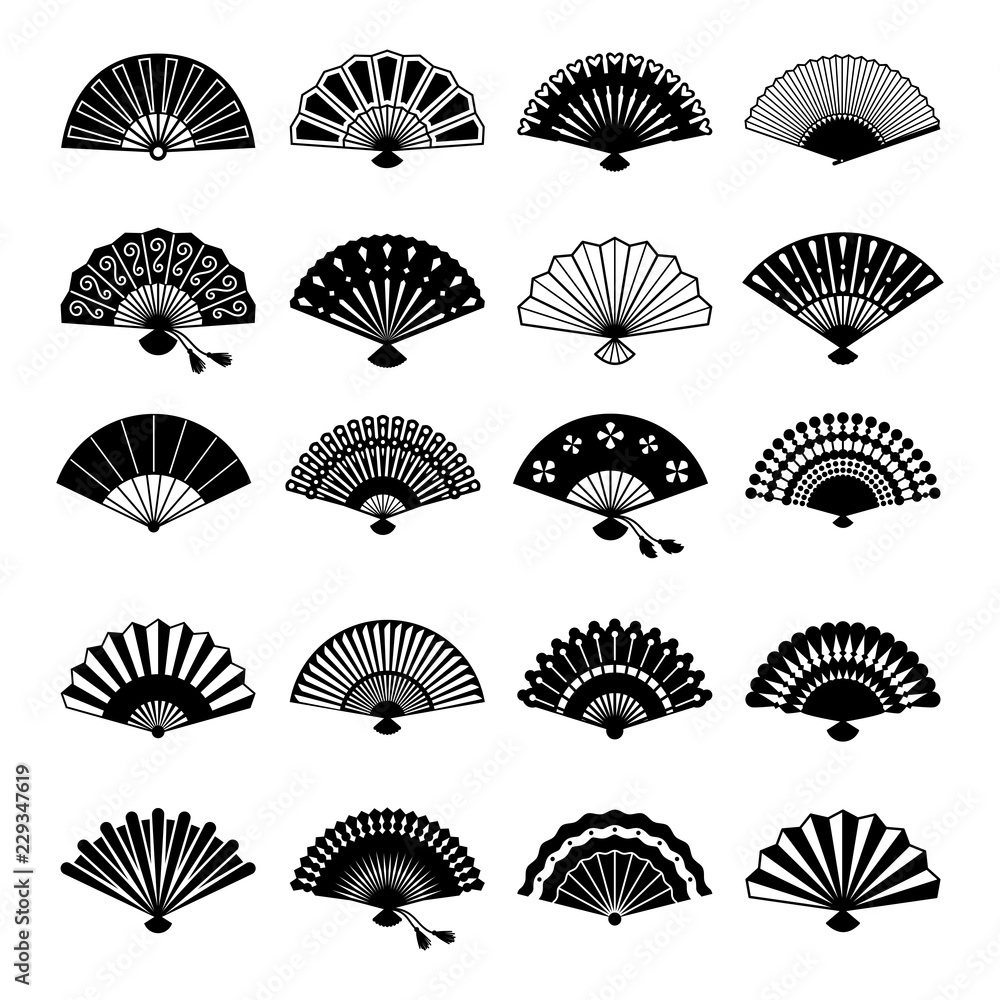 Oriental fans silhouettes. Vector chinese or japanese paper fan symbols isolated on white background - obrazy, fototapety, plakaty 