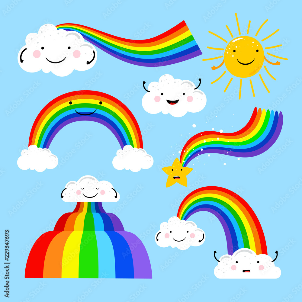 Rainbows and clouds. Colored rainbow cartoon illustration in blue sky  isolated, vector spring or summer rain elements for kids Stock Vector |  Adobe Stock