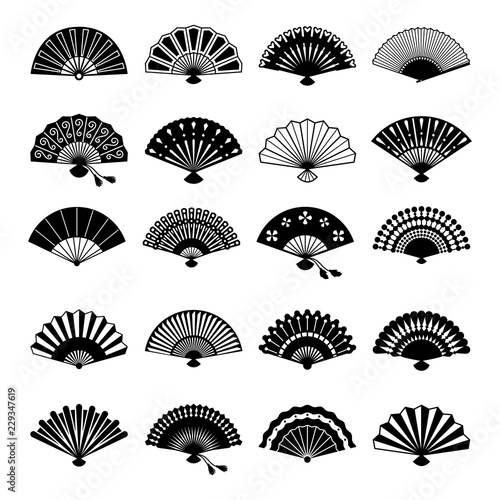 Oriental fans silhouettes. Vector chinese or japanese paper fan symbols isolated on white background photo