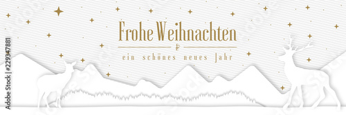 Banner zu Weihnachten im Papierstil mit Rentieren vor einem Berg