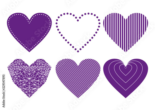 Ultra violet Heart Icons Set  ideal for valentines day and wedding. Vector illustration isolated on white. 