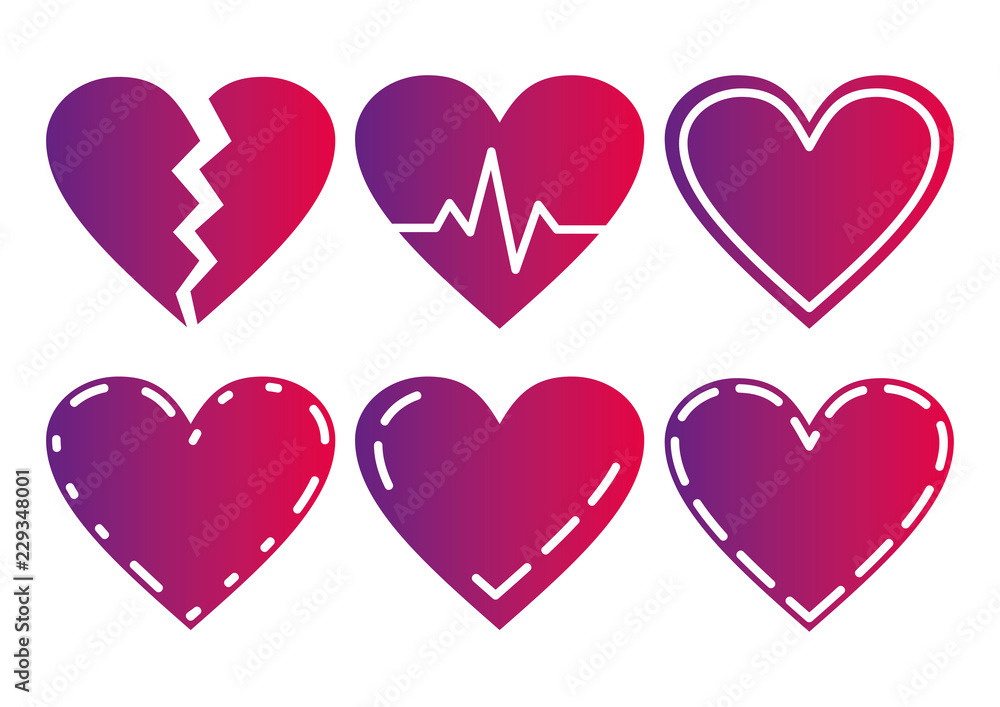 violet and neon red gradient Heart Icons Set, ideal for valentines day and wedding.
