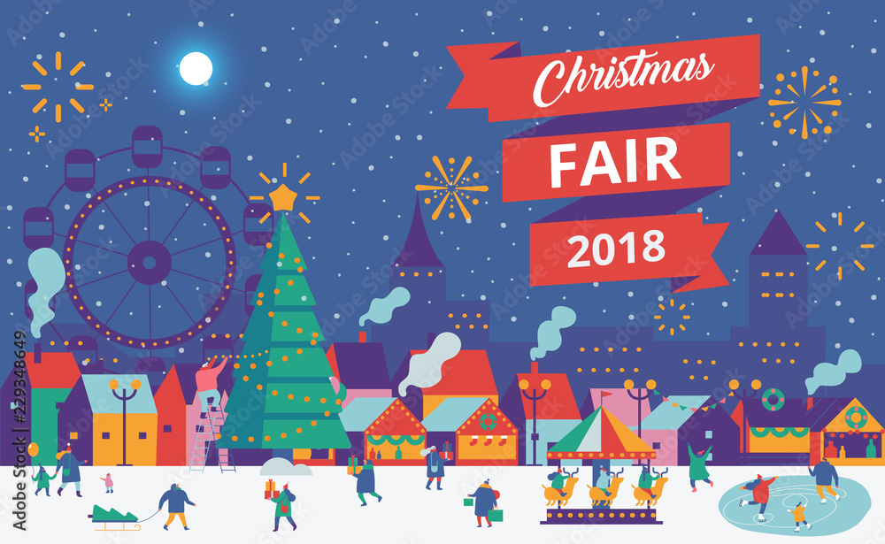 Christmas market and holiday fair poster.  Winter and holiday activities. Flat vector illustration.