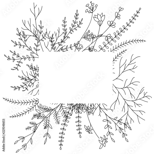 Rectangular Flower frame. Frame with flowers, plants, grass, fern. Stylized black and white drawing. Isolated on white background