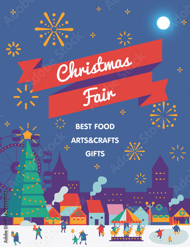 Christmas market and holiday fair poster.  Winter and holiday activities. Flat vector illustration.