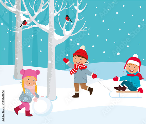 Winter. Children playing outdoors.