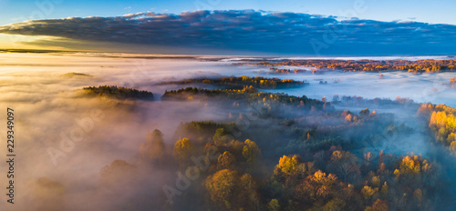 Aerial panoramic view of fog at Autumn, Lithuania