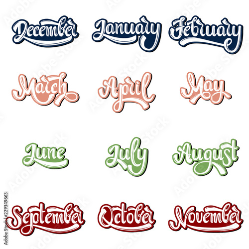 A set of month names. January, February, March, April, May, June, July, August, September, October, November, December. Handwritten Lettering. Text. Modern Calligraphy. Vector.