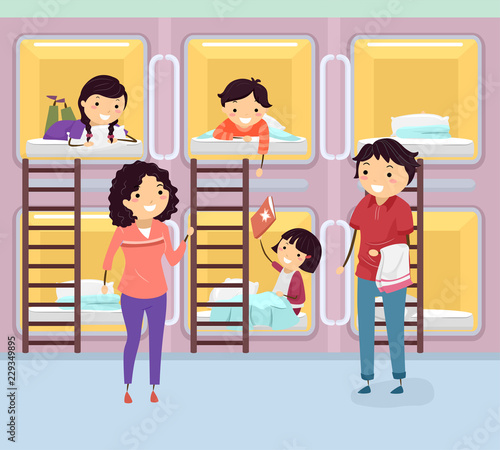 Stickman Family Capsule Hotel Room Illustration
