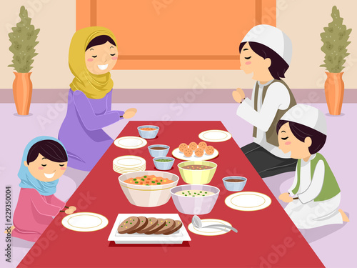 Stickman Family Muslim Pray Before Meal