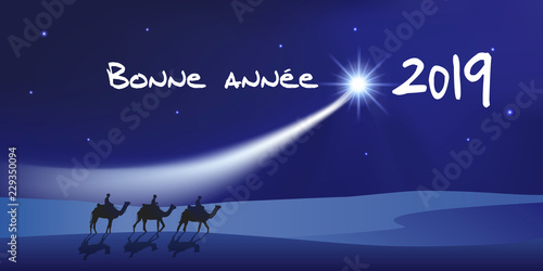 Carte de vœux 2019 montrant les trois rois mage à dos de dromadaire se dirigeant vers Bethléem avec des cadeaux pour célébrer la naissance de Jésus Christ