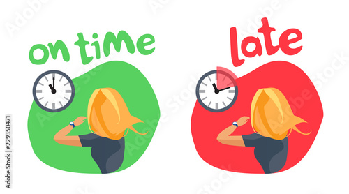 Comparing person being on time and running late. Young hurrying blonde woman with wristwatch watching on wall clock showing delay. Cartoon vector illustration isolated on white background.