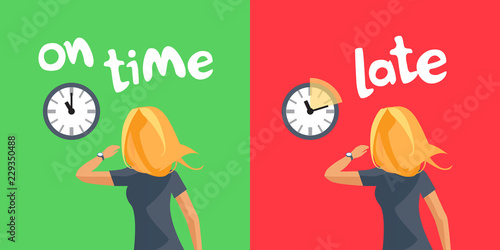 Comparing person being on time and running late. Young hurrying blonde woman with wristwatch watching on wall clock showing delay. Cartoon vector illustration on green red background. Late to work.