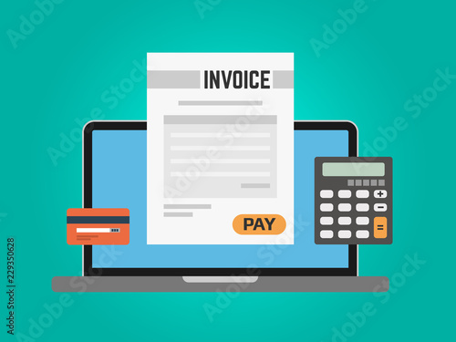 Invoice computer concept. Online payment using laptop. Calculator and credit card on green background. Paying taxes online. Digital banking. Vector illustration