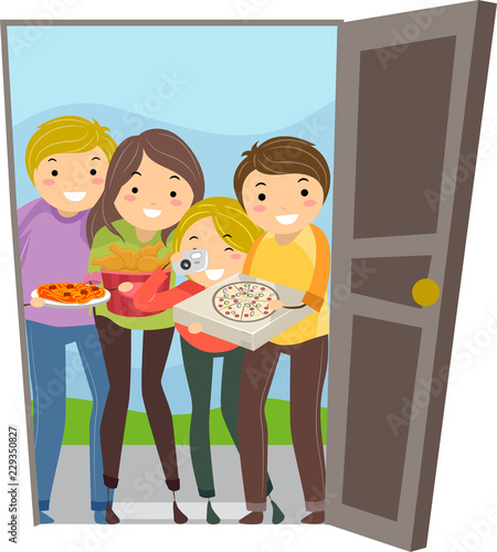Stickman Teens Food Surprise Visit Illustration