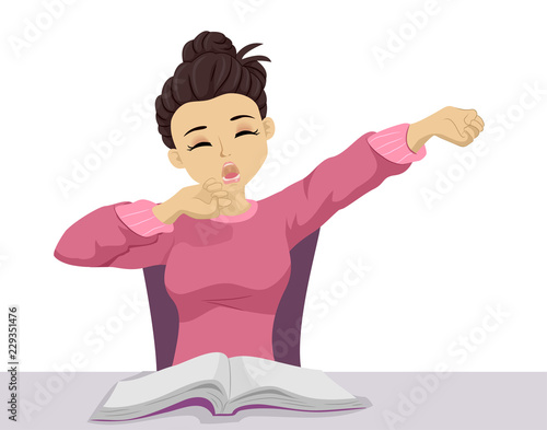 Teen Girl Tired Yawn Book Illustration