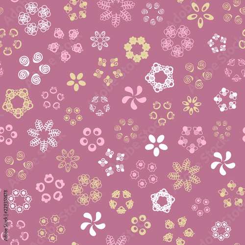 Pink seamless pattern with gold, white, pink flowers.