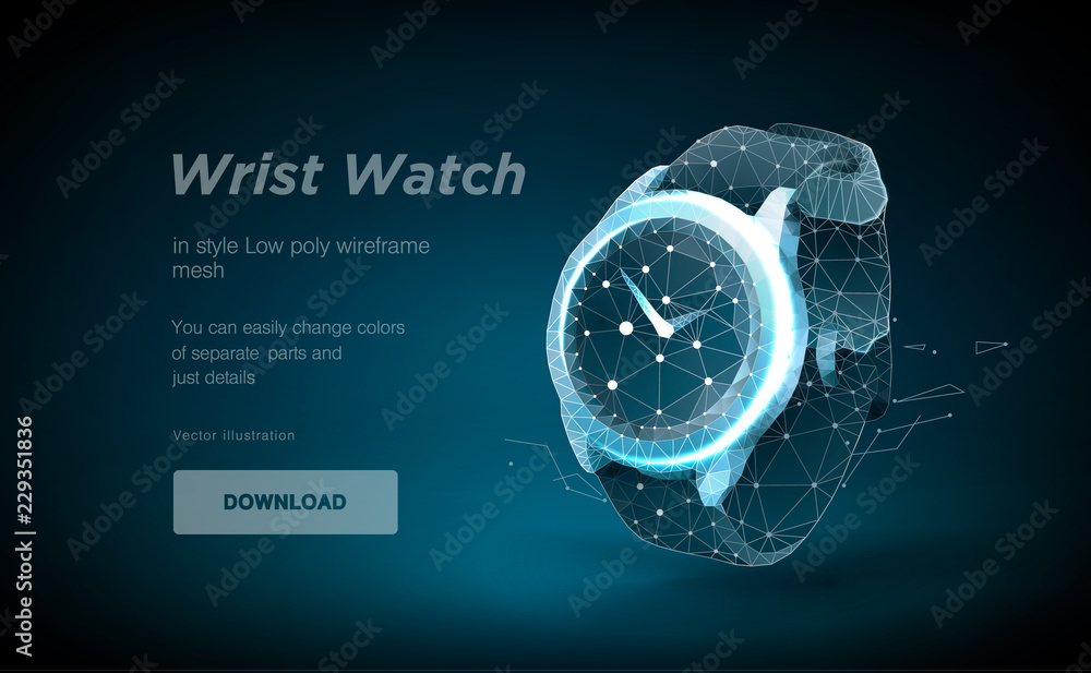 Wrist Watch low poly art illustration. Smart watch isolated on blue background . oncept for banner or poster. Polygonal space low poly with connected dots and polygon lines. 3D vector wireframe mesh