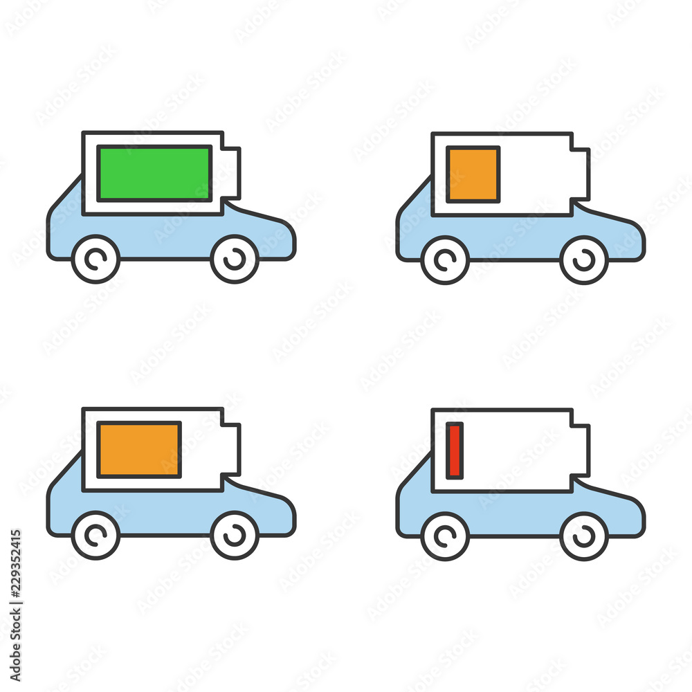 Electric car battery charging color icons set Electric car battery charging color icons set