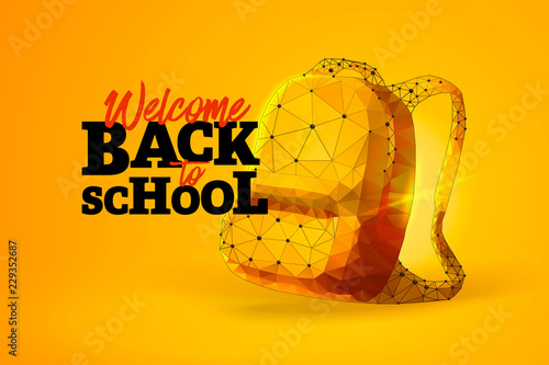 School backpack low poly art illustration. Back to school lettering on yellow background. Polygonal space low poly with connected dots and polygon lines. 3D vector color wireframe mesh backpack