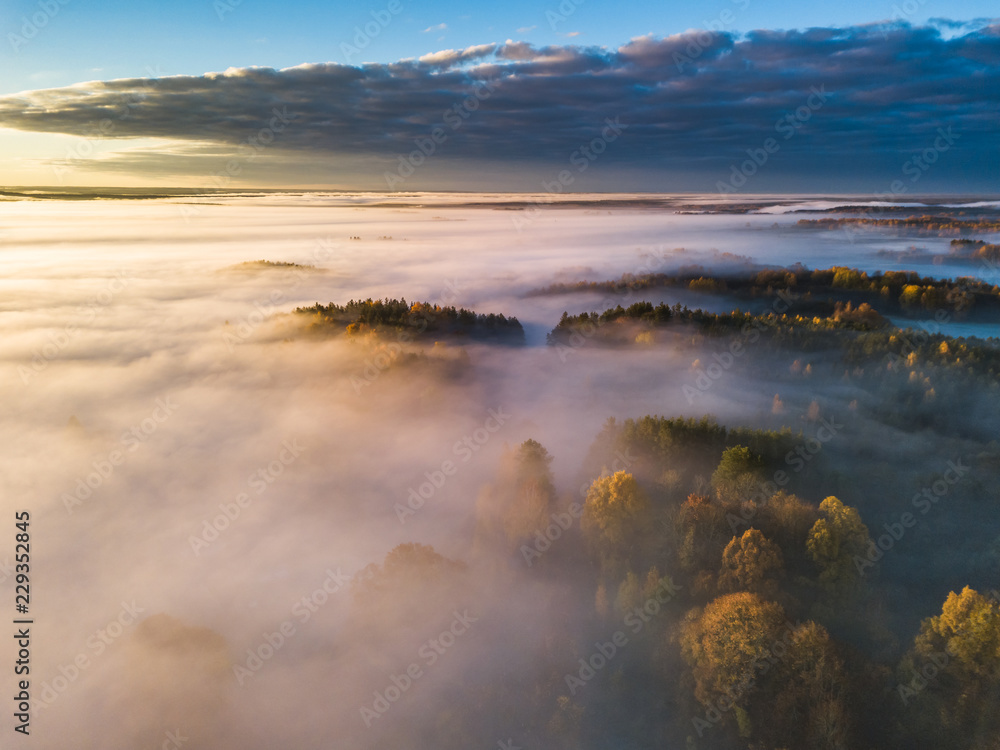 Aerial view of fog in Autumn, Lithuania
