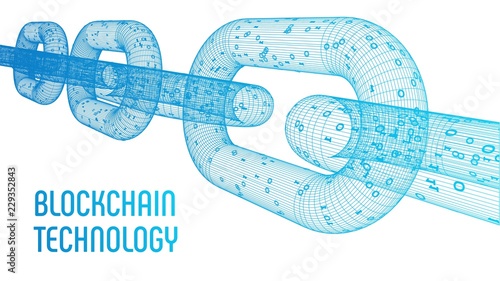 Block chain. Crypto currency. Blockchain concept. 3D wireframe chain with digital code. Editable cryptocurrency template. Stock vector illustration.