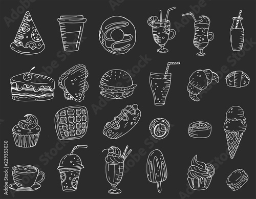 Big set elements with hand drawn food, sweets and drinks on a chalkboard background