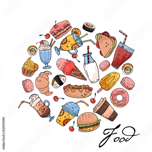 Circle made of elements. Hand drawn food and drinks