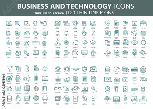 Business and marketing, programming, data management, internet connection, social network, computing, information. Thin line blue icons set. Flat vector illustration