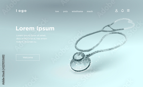Stethoscope low poly art illustration. 3D model medical equipment.oncept for a medical forum banner or clinic. Polygonal space low poly with connected dots and polygon lines. 3D vector wireframe mesh