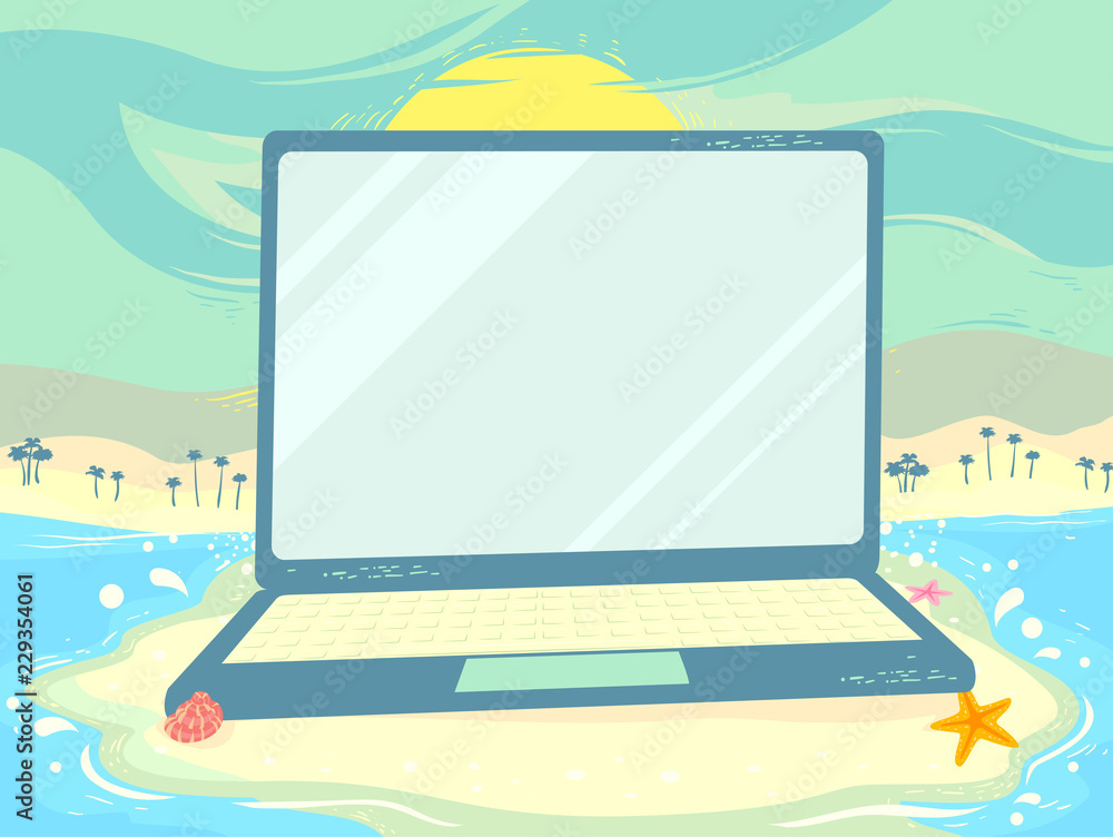 Laptop Beach Scene Study Illustration Laptop Beach Scene Study Illustration