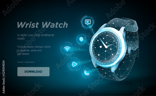 Wristwatch low poly wireframe art on black backgraund. Presentation of smart clock functions in the form of a starry sky. Polygonal illustration with connected dots and polygon lines. 3D vector