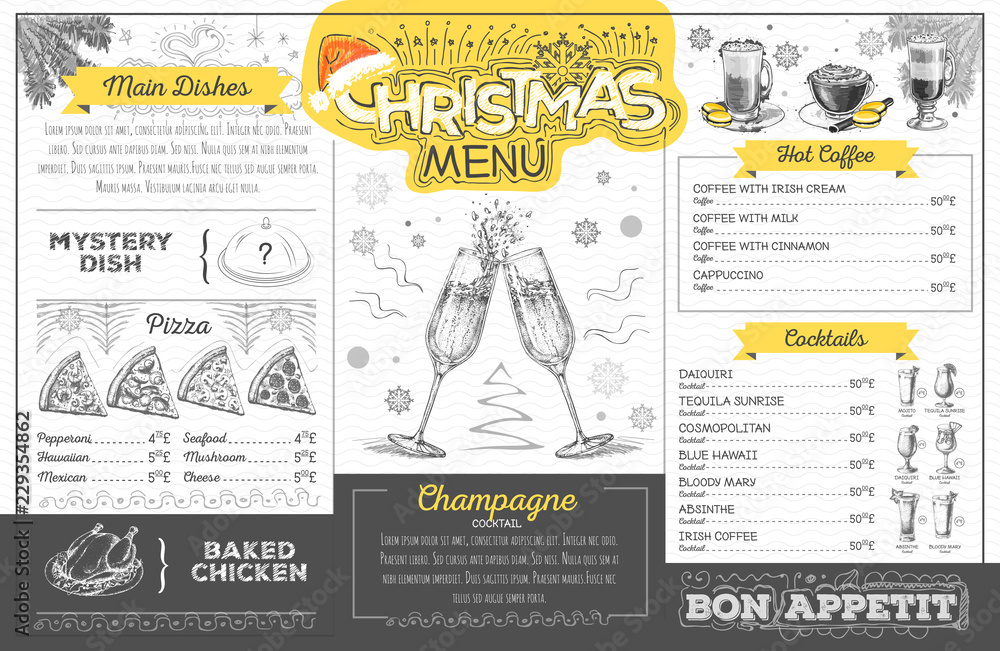 Naklejka premium Vintage holiday christmas menu design with champagne. Restaurant menu