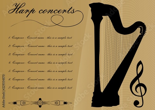 Harp concerts program template with black harp silhouette, sample text, calligraphic ornament and treble clef on gold background with abstract curves, vector template