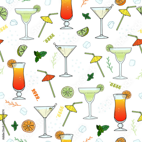 Cocktails. Seamless pattern with hand drawn glass of Margarita, Dry Martini, Tequila Sunrise, straws, decor elements. Vector summer illustration for design, Website, Background, Banner, Menu, Template