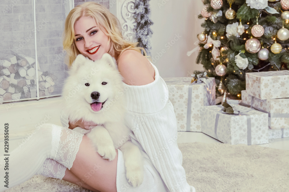 beautiful blonde in white clothes with a white husky on the background of the fireplace and Christmas tree. beautiful blonde in white clothes with a white husky on the background of the fireplace and Christmas tree.