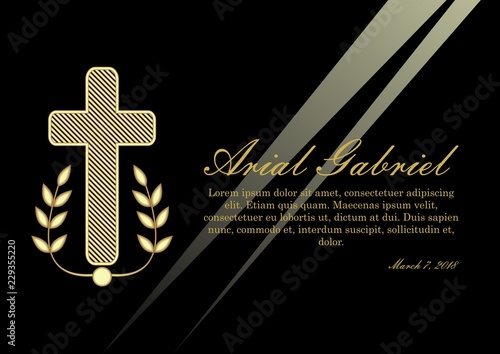 Luxurious obituary with golden crucifix and lawrence branches on black background. Funeral announcement in luxurious design. Christian burial elements, vector template