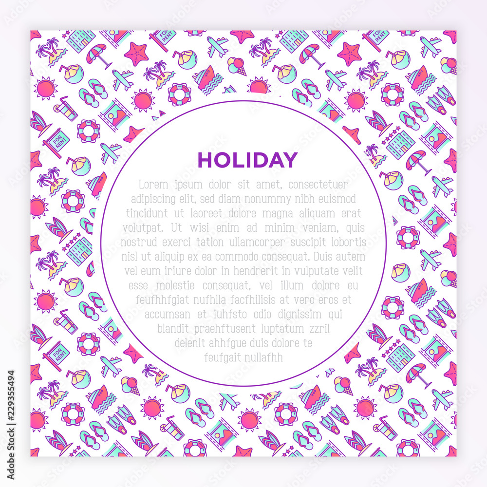 Holiday concept with thin line icons: sun, yacht, ice cream, surfing, hotel, beach umbrella, island, coconut drink, airplane, starfish, lifebuoy. Modern vector illustration for banner, print media. Holiday concept with thin line icons: sun, yacht, ice cream, surfing, hotel, beach umbrella, island, coconut drink, airplane, starfish, lifebuoy. Modern vector illustration for banner, print media.
