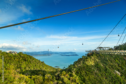 View of tropical island Langkawi and cable car in Malaysia, covered with tropical forests as seen from the sky bridge.  photo