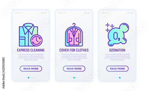 Laundry service thin line icons set: express cleaning, cover for clothes, ozonation. Modern vector illustration.