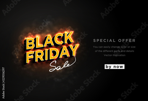 Black friday is hot and smoke. Burning text isolated on black background. Dark web banner for black Friday sale. Modern neon red billboard. Concept of advertising for seasonal offer. 3d vector
