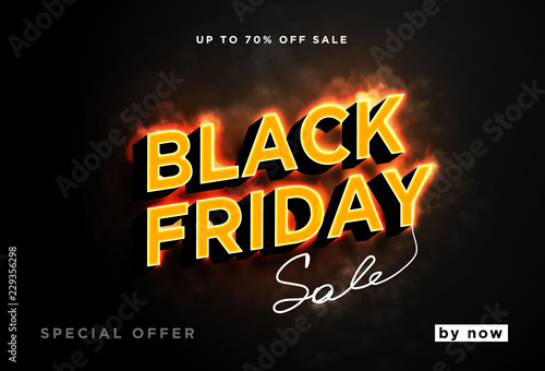 Black friday is hot and smoke. Burning text isolated on black background. Dark web banner for black Friday sale. Modern neon red billboard. Concept of advertising for seasonal offer. 3d vector