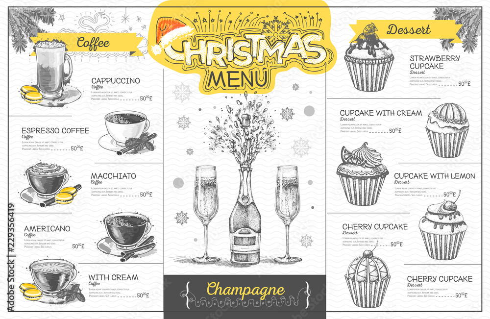 Vintage holiday christmas menu design with champagne. Restaurant menu