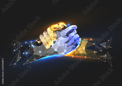Vector isolated brotherly handshake. Low poly wireframe and points. Polygonal 3D white agreement concept on dark background. Business concept with geometry triangle. Abstract deal mash line origami