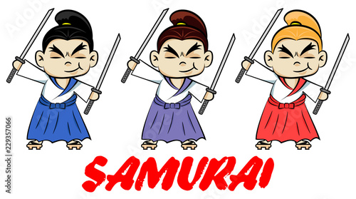 Funny chibi samurai with two katanas. Cute ninja samurai warrior fighter character in three color styles. Design for print, t-shirt, party decoration, icon, stcker, logotype. Cartoon character.