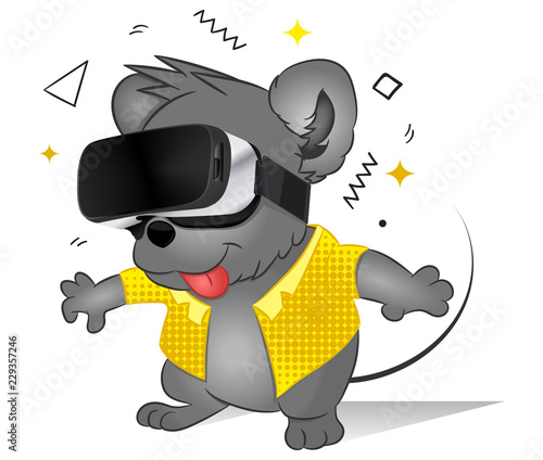 Poster Grappige komische muis met behulp van virtual reality-bril.  Toekomstige technologie. Leuk dier dat videogame speelt. Moderne 3D-bril.  Vectorillustratie. Digitale bril. Muis 3D-film kijken met headset. Logo. -  Nikkel-Art.nl