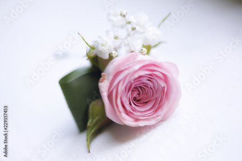 Horizontal shot of boutonniere flowers, used for groom and wedding guests positioned on a stamp, in natural light. Fabulous, traditional idea for floral arrangements