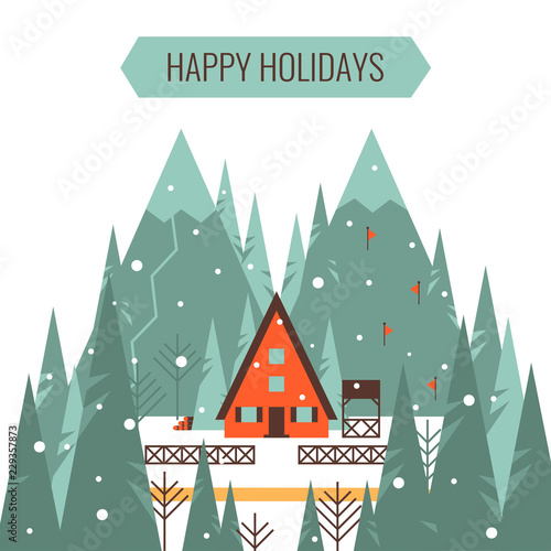 Winter mountain landscape with country house, mountains, forest, ski tracks. winter holiday vacation and skiing concept vector illustration.
