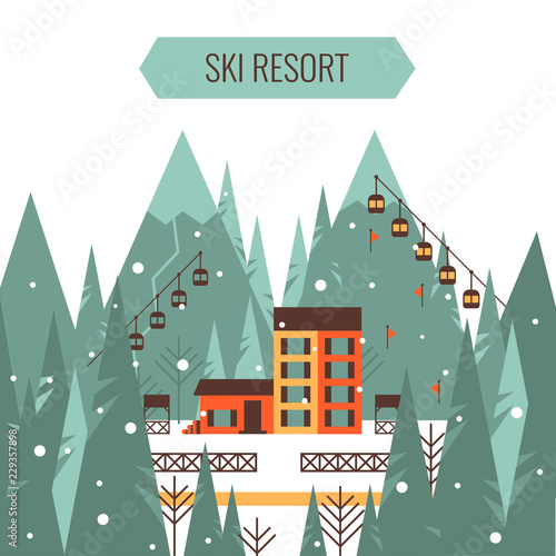 Winter mountain landscape with ski lift, country house, mountains, forest, ski track, winter holiday vacation and skiing concept vector illustration.