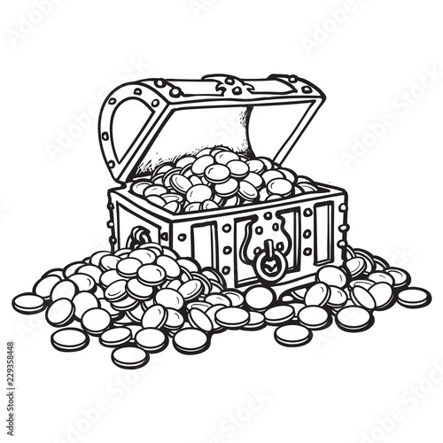 Old chest with coins. Piles of coins around. Black and white cartoon style hand drawn vector illustration.